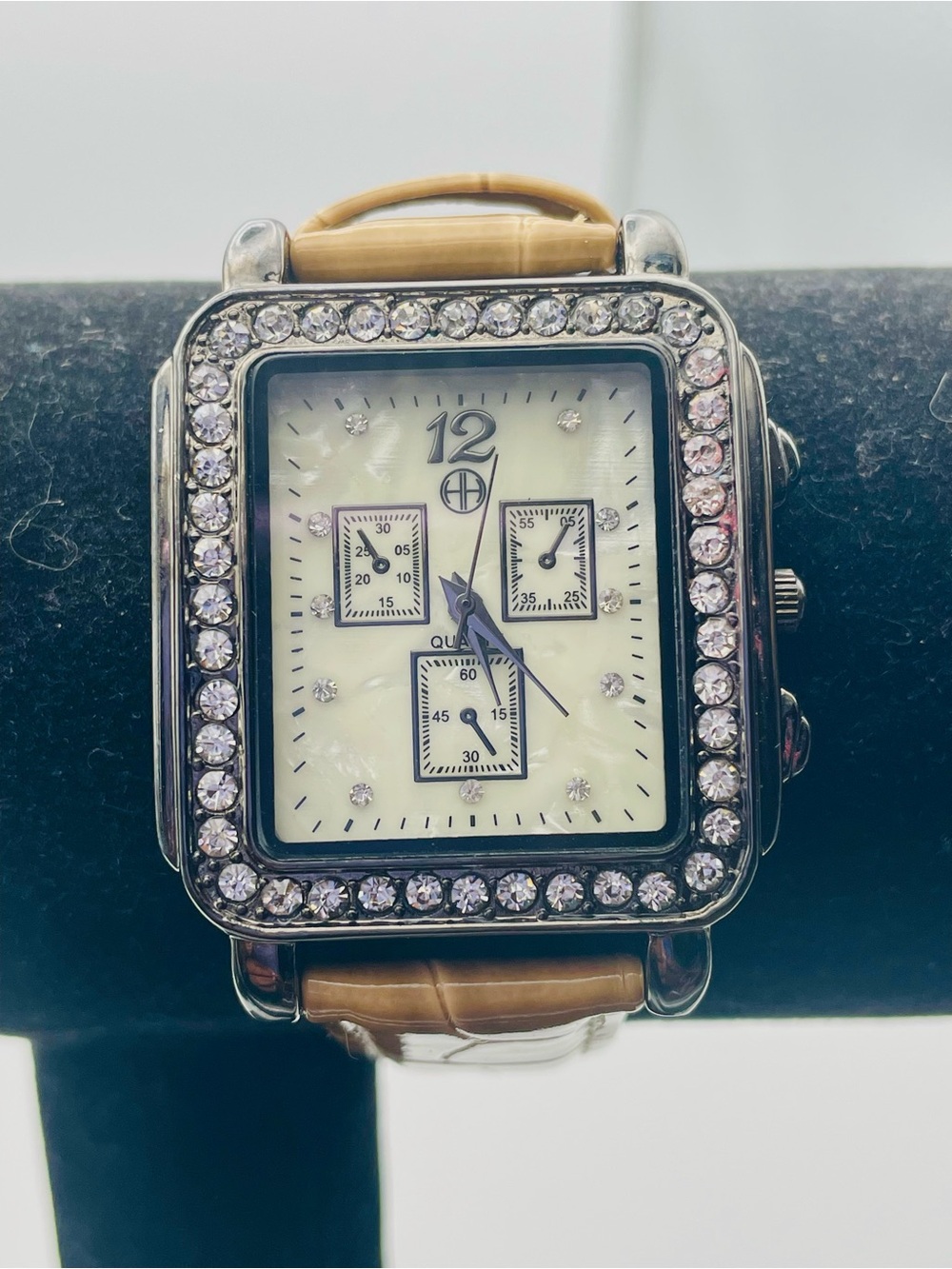 Hot in Hollywood by HSN Crystal-Frame Square Watch with Tan Leather Strap